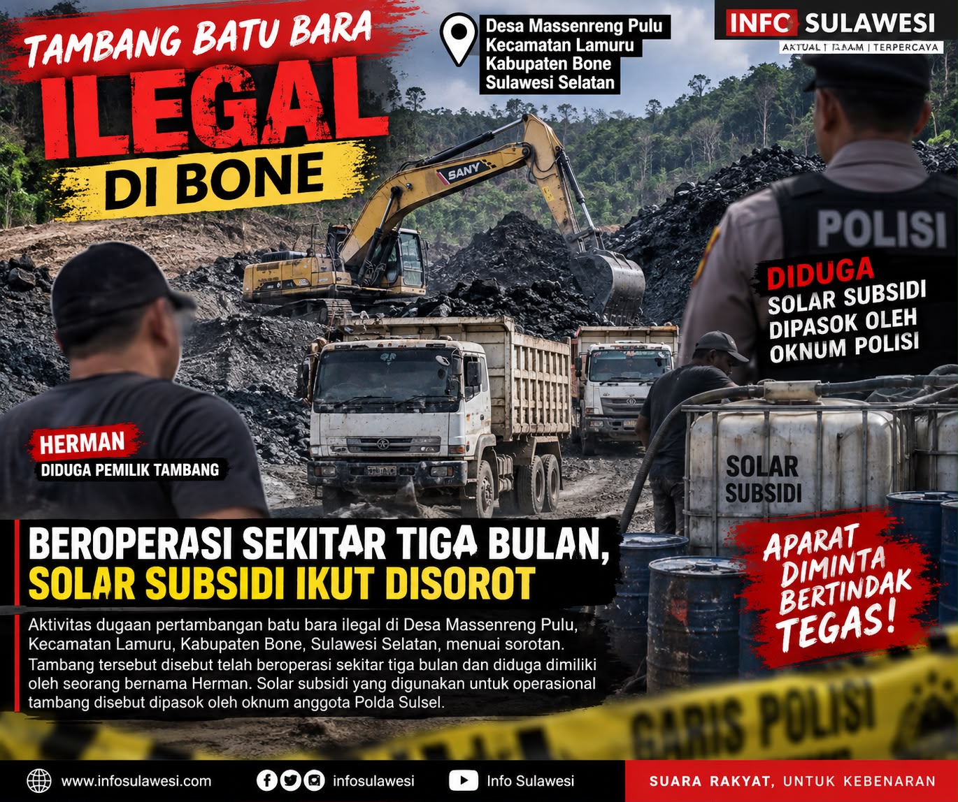 Aktivitas Tambang Batu Bara Diduga Ilegal di Bone, Dugaan Suplai Solar Subsidi Mencuat
