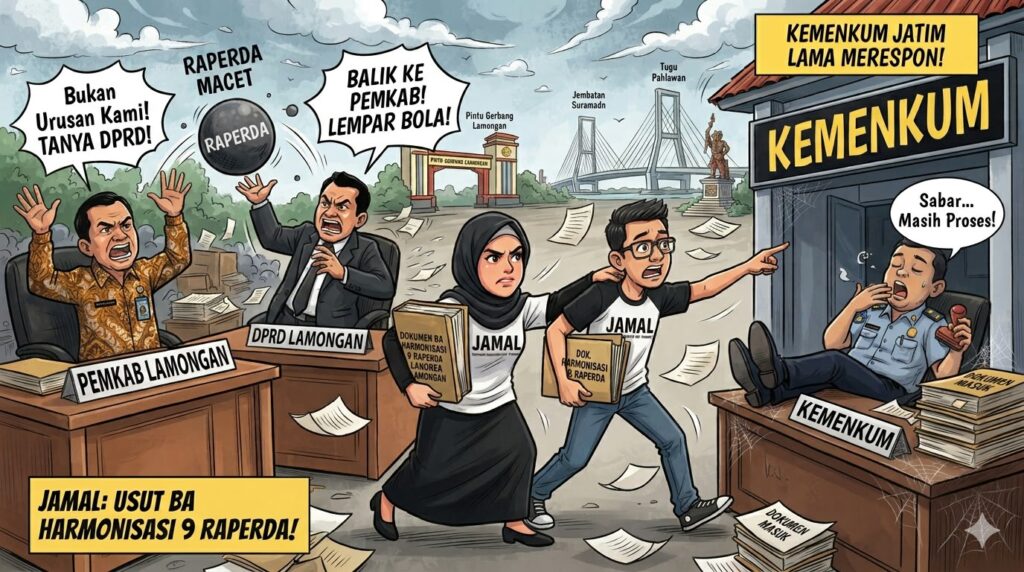 Pemkab dan DPRD Saling Lempar, Aktivis JAMAL Buru Dokumen Raperda Lamongan ke Kanwil Kemenkum Jatim