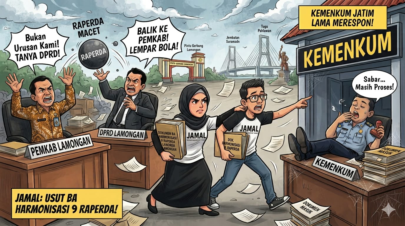 Pemkab dan DPRD Saling Lempar, Aktivis JAMAL Buru Dokumen Raperda Lamongan ke Kanwil Kemenkum Jatim