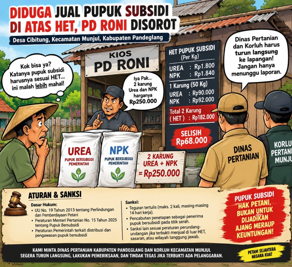 DIDUGA JUAL PUPUK SUBSIDI DI ATAS HET, PD RONI DI DESA CIBITUNG DISOROT — DISTRIBUTOR SINAR MALIMPING (SM) DAN DINAS PERTANIAN DIMINTA TURUN TANGAN