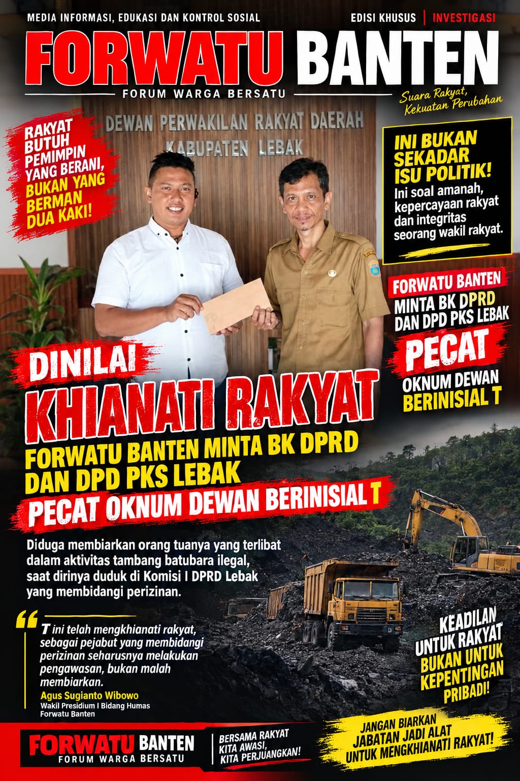 Dinilai Khianati Rakyat, Forwatu Banten Minta BK DPRD dan DPD PKS Lebak Pecat Oknum Dewan Berinisial T.