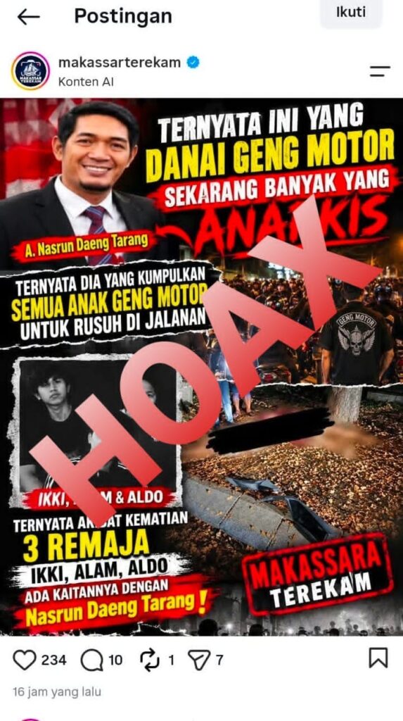 Akun IG “Makassar Terekam” Resmi Dilaporkan Karna Membuat Peta Komflik Dengan Memposting Tuduhan A Nasrun Dg Tarang Danai Geng Motor