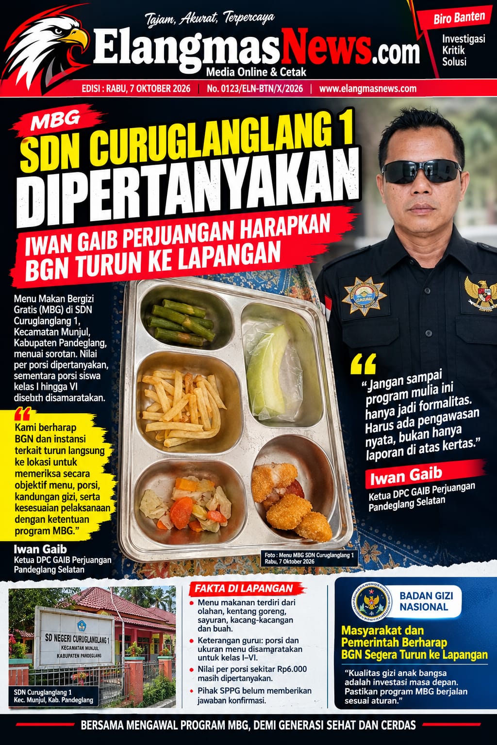 MENU MBG SDN CURUGLANGLANG 1 DIPERTANYAKAN, IWAN GAIB PERJUANGAN HARAPKAN BGN TURUN KE LAPANGAN