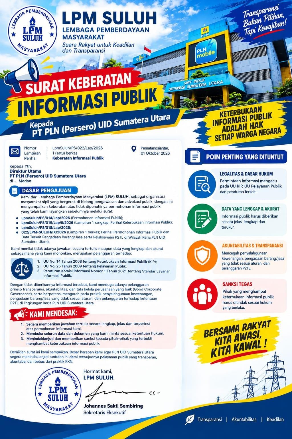 Transparansi Diuji: LPM SULUH Nilai PLN UID Sumut Bungkam Data Pengadaan dan Penerimaan P2TL