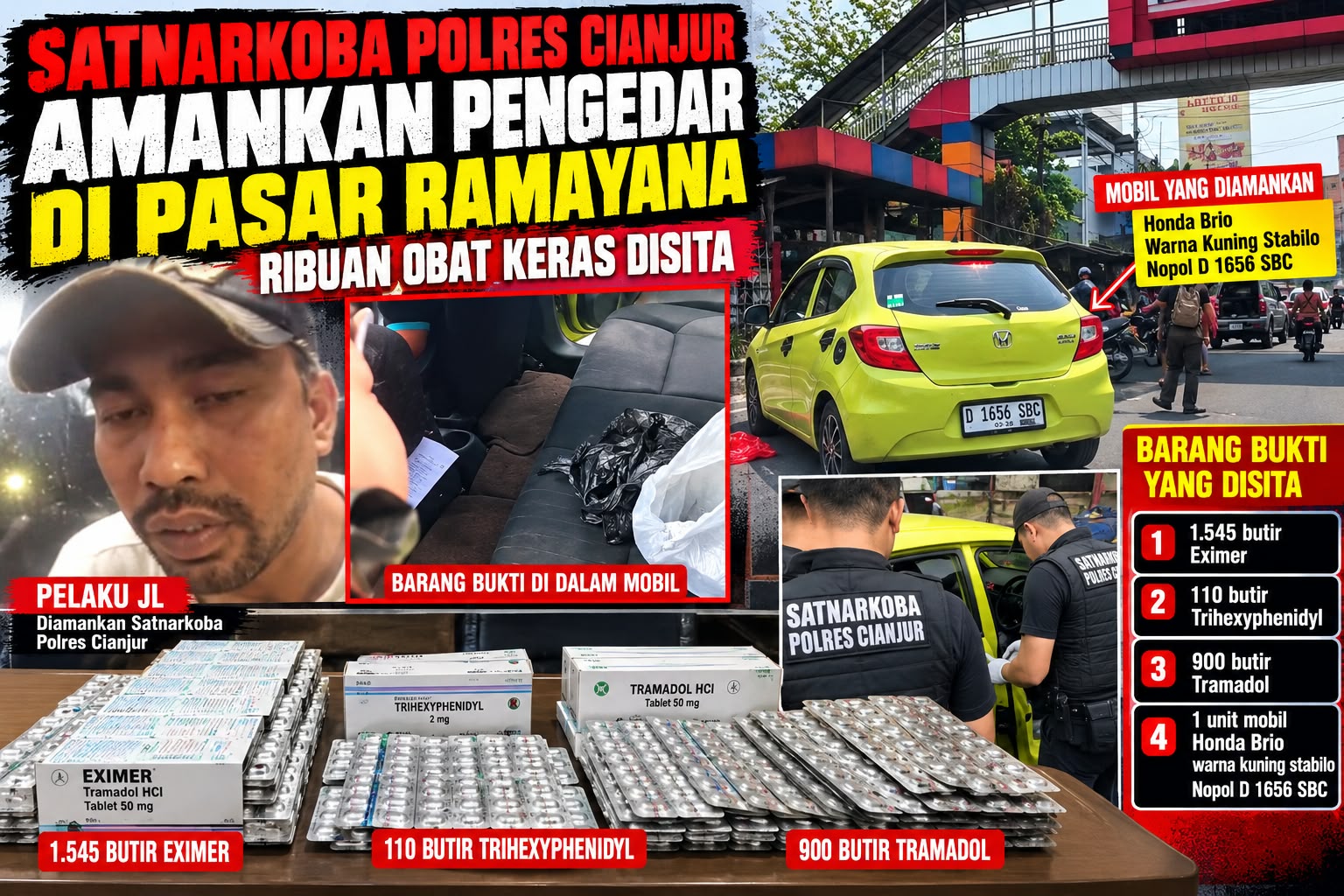 Satnarkoba Polres Cianjur Amankan Pengedar di Pasar Ramayana, Ribuan Obat Keras Disita