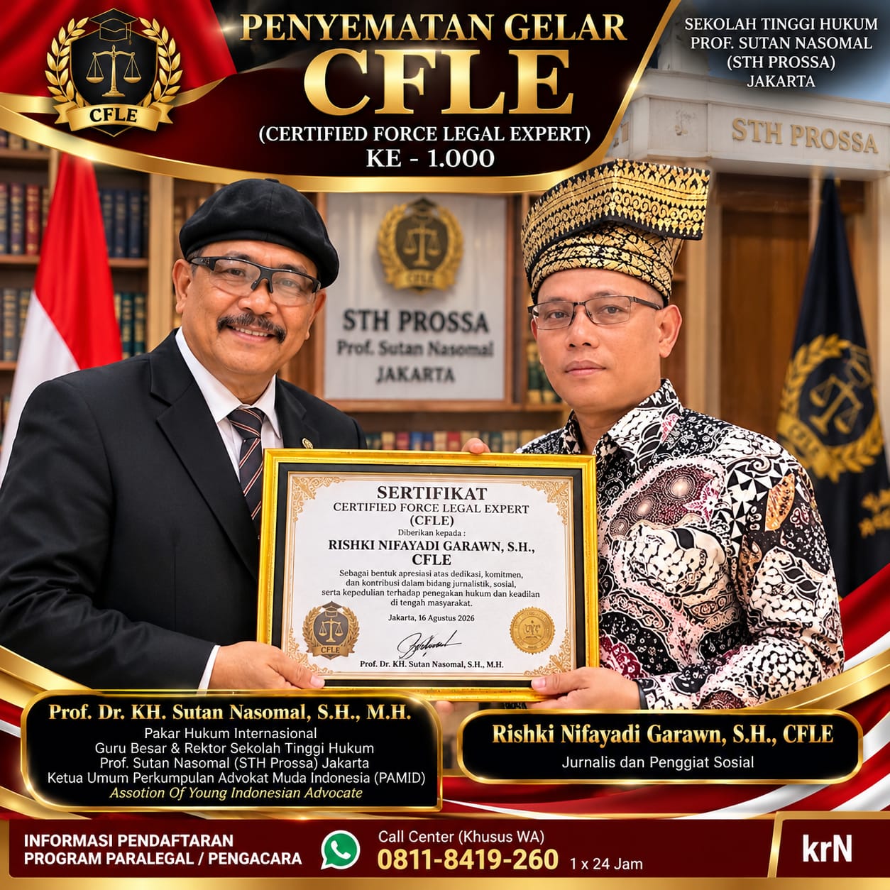 DEWAN PAKAR DPP LSM ELANG MAS Prof. Dr. KH. Sutan Nasomal Sematkan Gelar CFLE kepada Rishki Nifayadi Garawn, Apresiasi Dedikasi di Dunia Jurnalistik dan Sosial