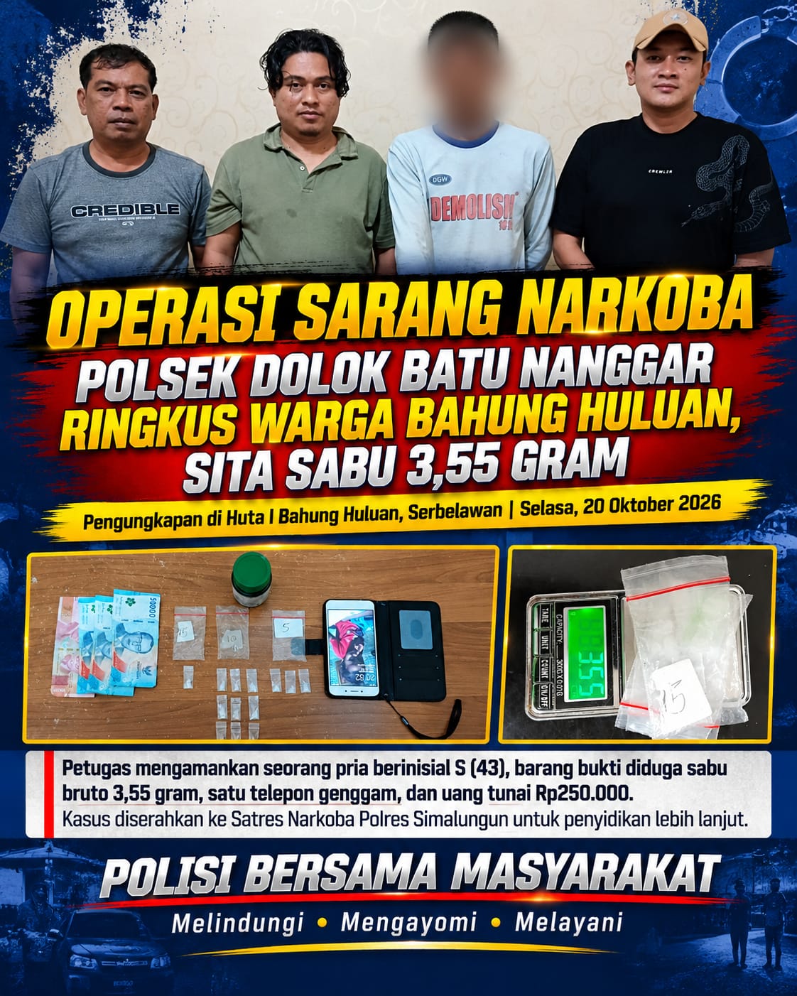 Operasi Sarang Narkoba, Polsek Dolok Batu Nanggar Ringkus Warga Bahung Huluan, Sita Sabu 3,55 Gram