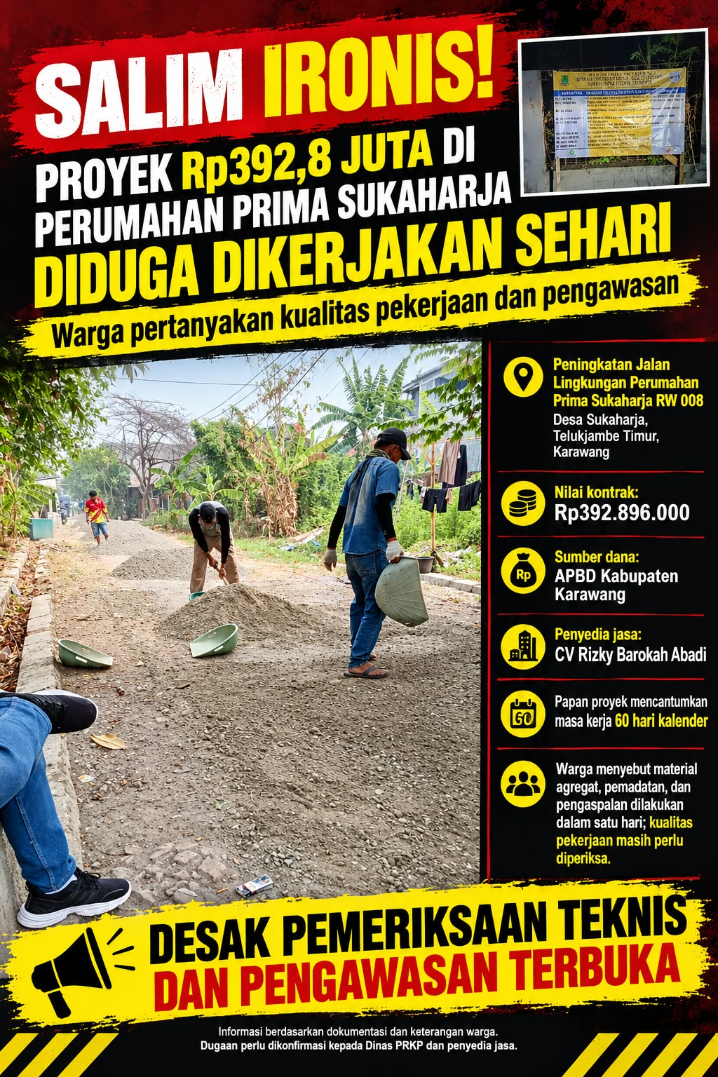 SalimIRONIS! PROYEK Rp 392,8 JUTA DI PERUMAHAN PRIMA SUKAHARJA KARAWANG DIKERJAKAN SEHARI JADI, WARGA PERTANYAKAN KUALITAS DAN PENGAWASAN